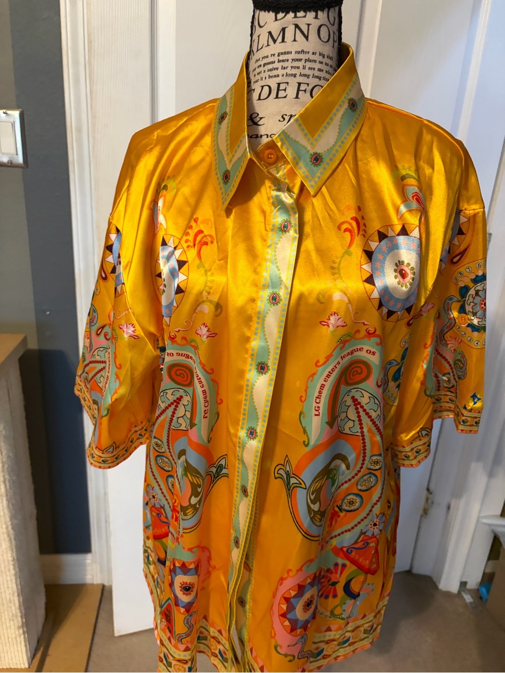 Vibrant Golden Paisley Satin Button-Up Blouse